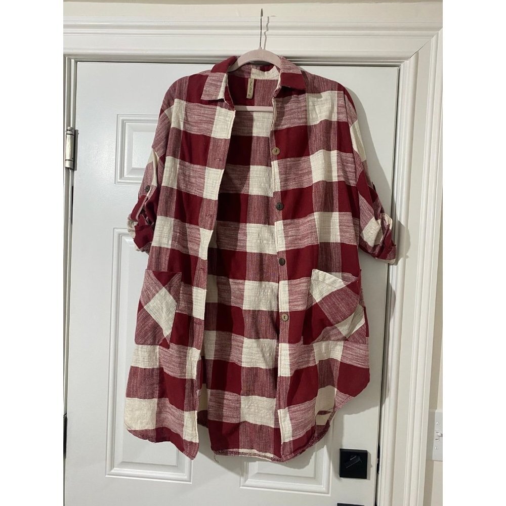 Red and Cream Plaid Shacket Oversized Fit